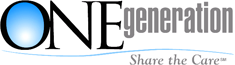 One Generation Share the Care with a blue circle in the letter 