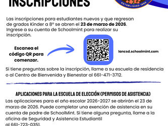 Information in Spanish about registrations and applications for the 26/27 school year.