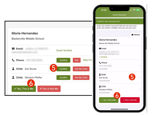 Smartphone showing how to confirm your child(ren) in app. Web browser showing the same.