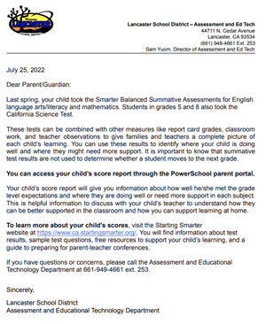Assessments Parent Letter