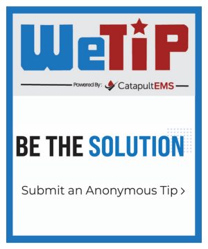 Banner with text: WeTip: powered by Catapult EMS. Be the Solution. Submit an anonymous Tip