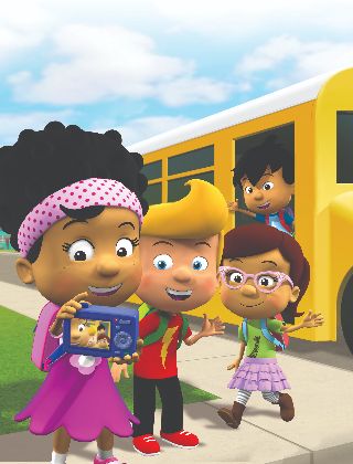  animated kids with school bus